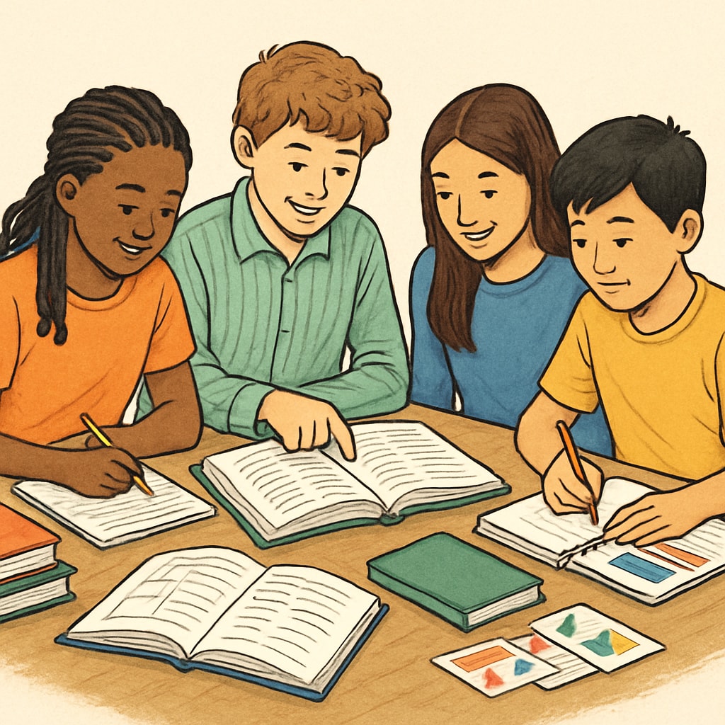 A diverse group of K12 students engaged in studying collaboratively, symbolizing shared learning methods. K12 students collaborating on study methods