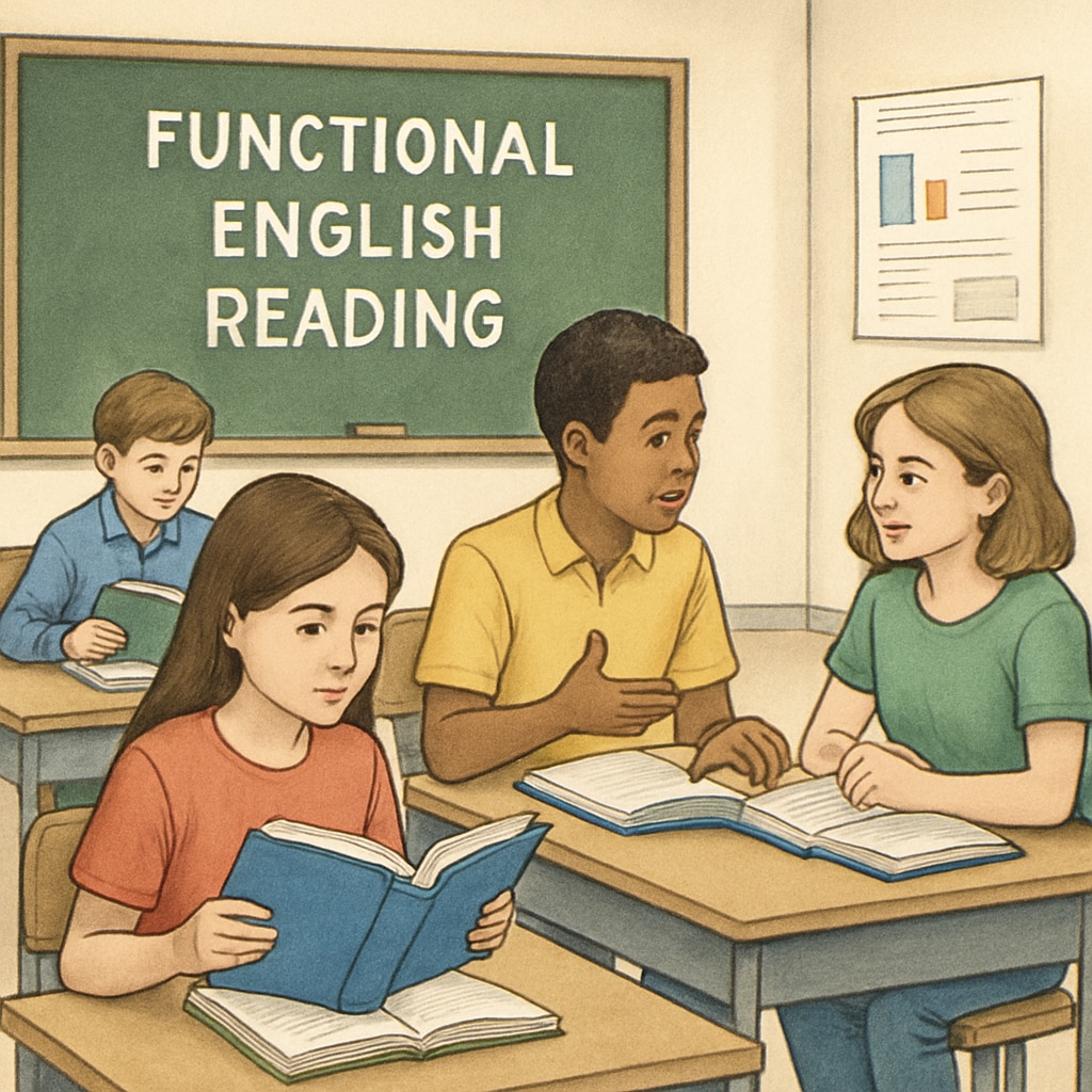 A classroom illustration showing students engaged in reading comprehension activities, aligned with functional English reading. Students in a classroom practicing functional English reading with various text types.