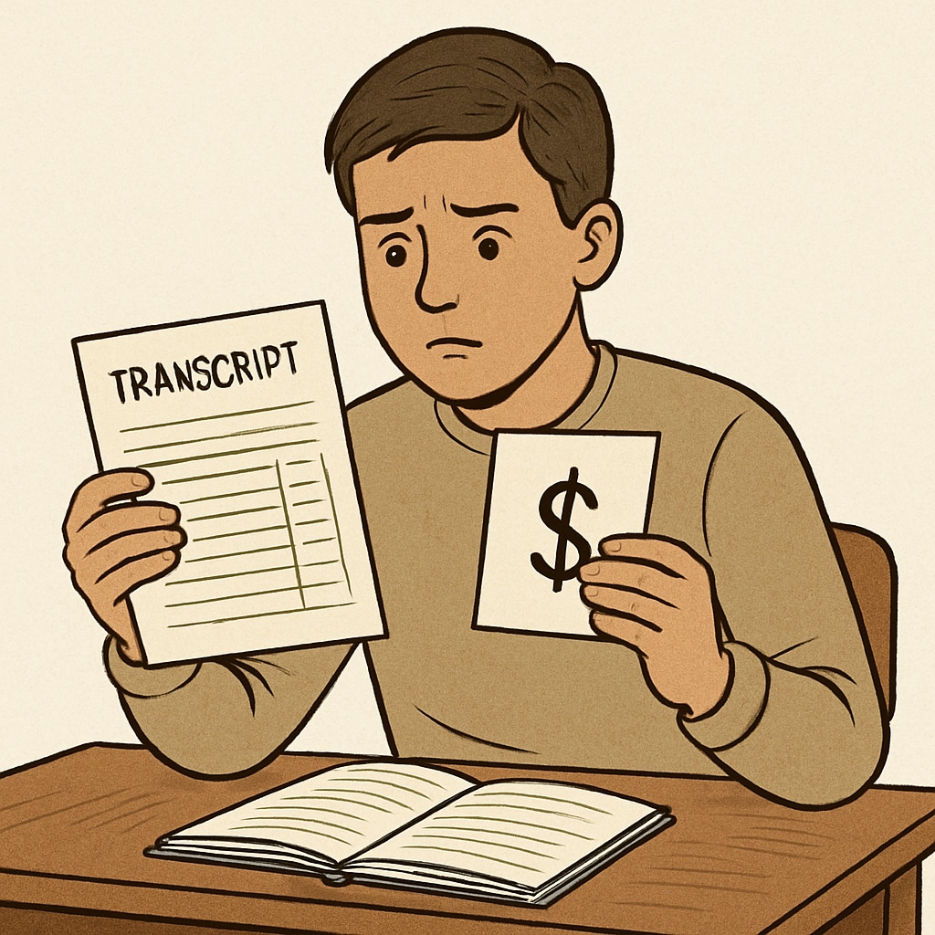 A student sitting at a desk, looking concerned while holding a piece of paper, symbolizing financial challenges in accessing transcripts. Concerned student facing financial challenges in accessing transcripts.