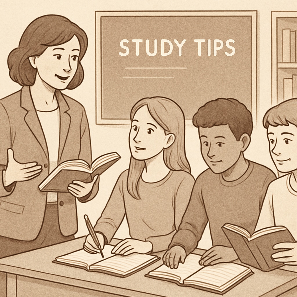 A teacher helping students with their study methods, symbolizing the importance of educational guidance. Teacher guiding students on study methods