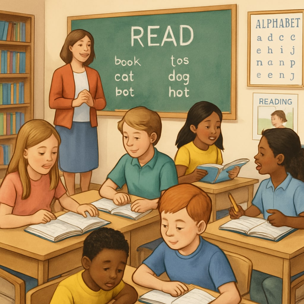 A classroom setting where children are engaged in reading and language activities inspired by traditional textbooks like Children reading and learning inspired by the