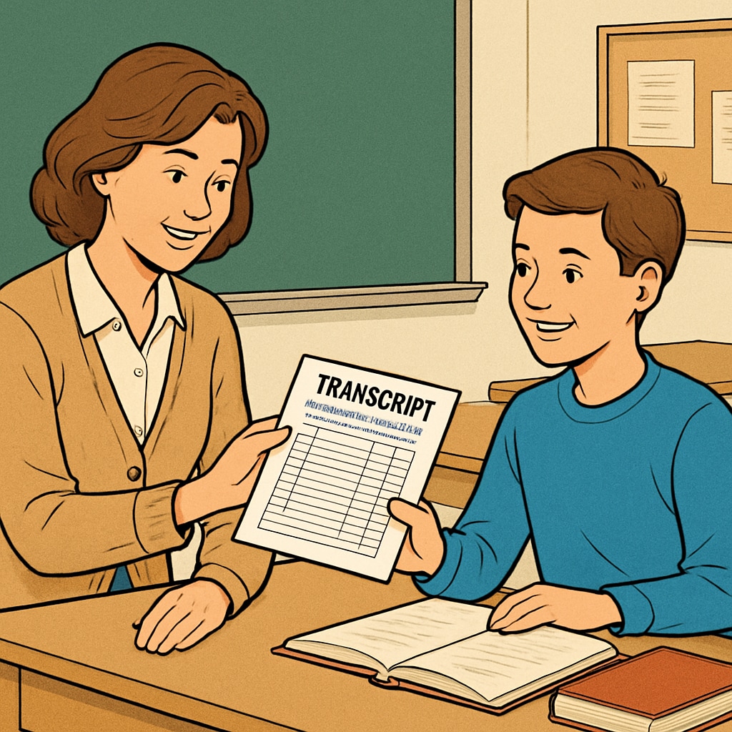 A teacher handing a transcript to a student, representing a supportive and fair educational environment. Teacher providing a transcript to a student in a supportive educational setting.