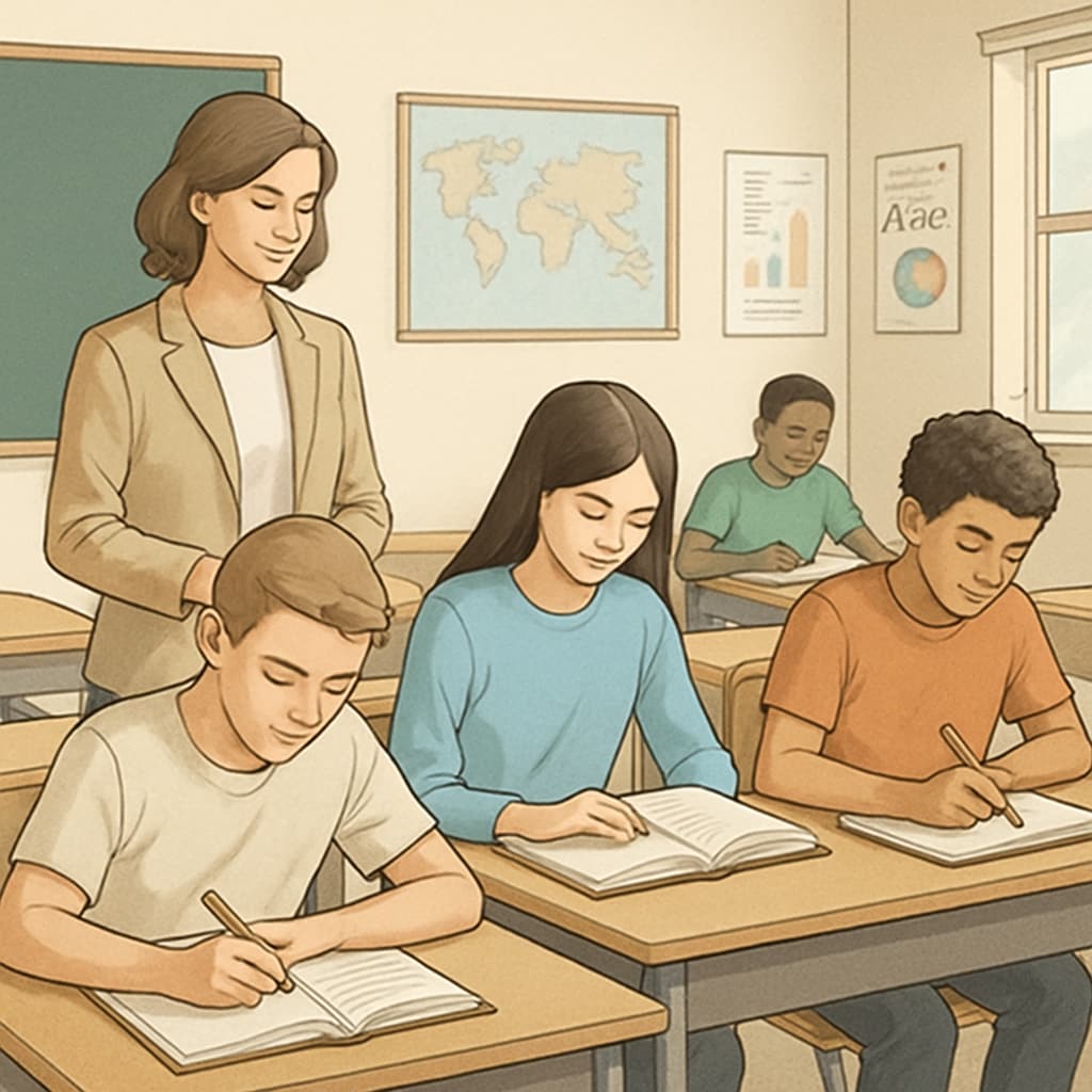 A teacher supervising a classroom where students are fully focused without their phones. The image highlights the impact of a phone-free learning environment. Teacher in a phone-free classroom promoting student focus.