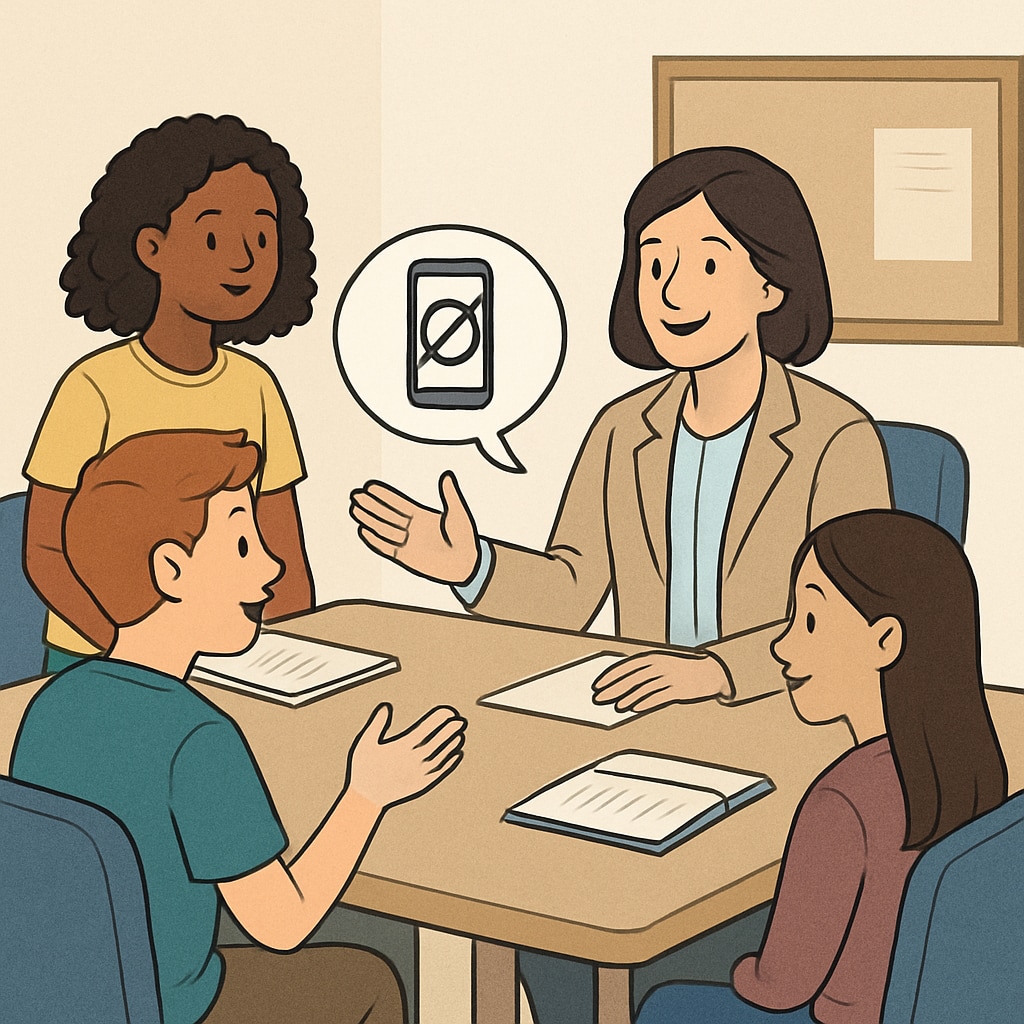 A school administrator discussing phone policies with a group of students in a meeting. The image emphasizes collaboration and dialogue in creating effective policies. School administrator and students reviewing phone policies.