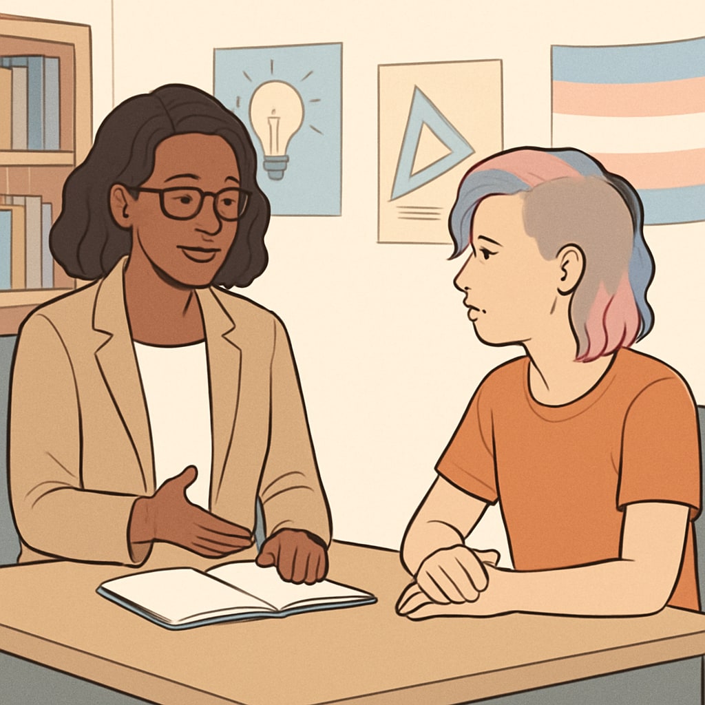 A school counselor speaking with a student, representing support for transgender youth. School counselor talking with a student, symbolizing support for transgender students.
