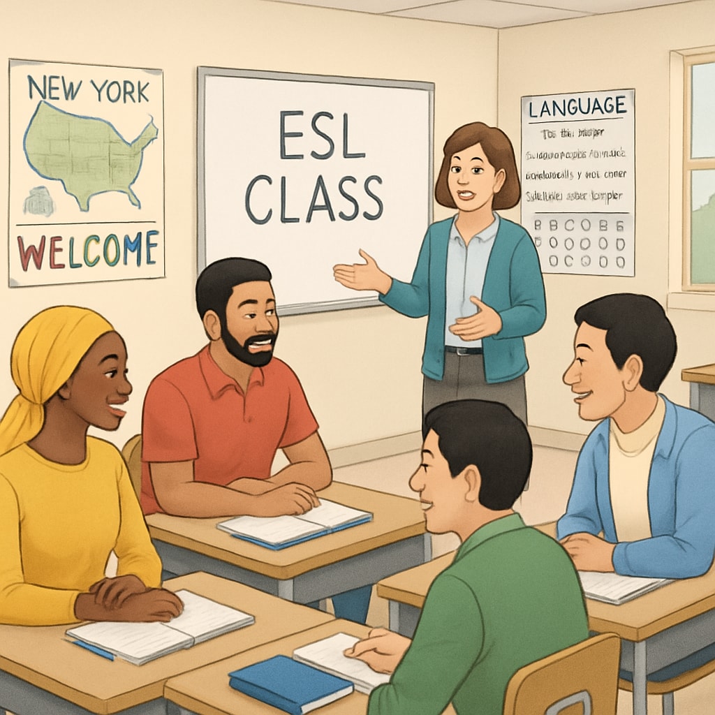 Students in an ESL class working on cultural adaptation and communication skills in New York.