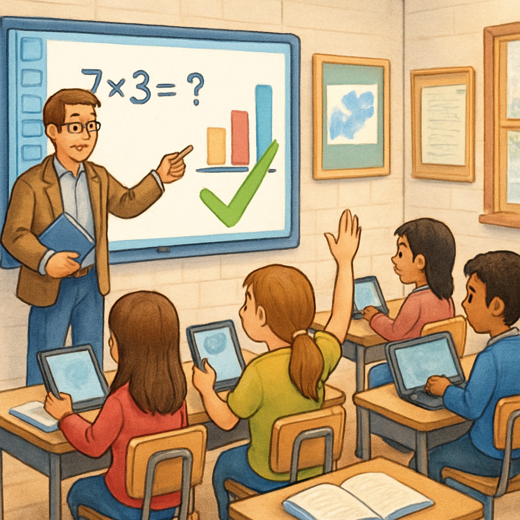 A teacher using a digital whiteboard to conduct an interactive lesson, engaging students with technology. A teacher using technology to demonstrate effective learning methods in a classroom.