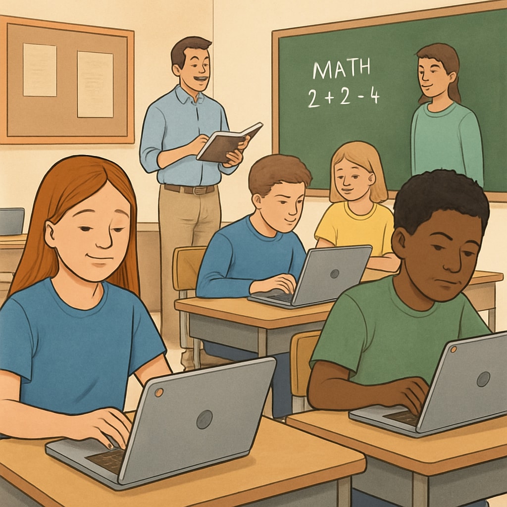 A classroom with students using Chromebooks, highlighting their role in modern education. Students using Chromebooks in a classroom, emphasizing education technology.
