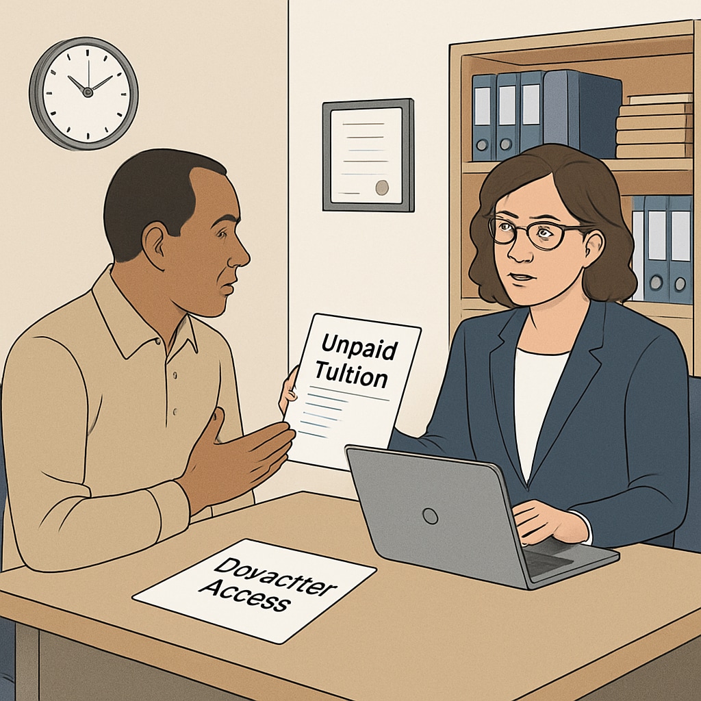 A parent meeting with a school administrator, discussing unpaid tuition and transcript access. Parent and school administrator discussing unpaid tuition and transcripts.