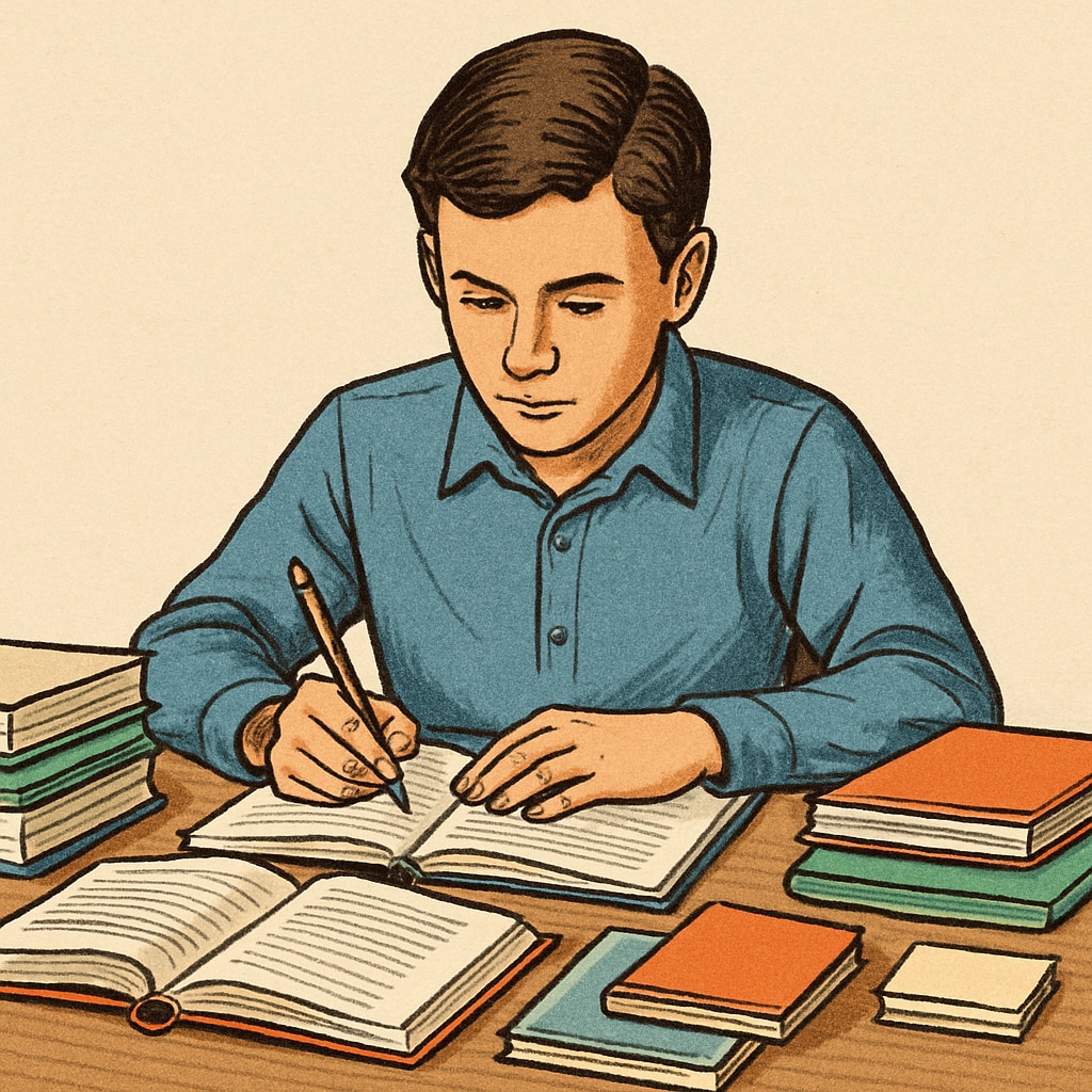 A student sitting at a desk surrounded by books and study materials, representing dedication to recovering high school credits. Student studying to recover high school credits while managing ADHD challenges.