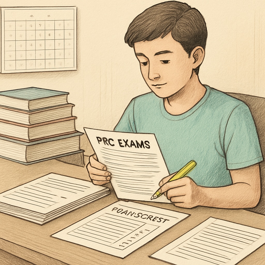 A student organizing documents for PRC exams, emphasizing the need for transcripts. Student organizing academic documents for PRC exams.
