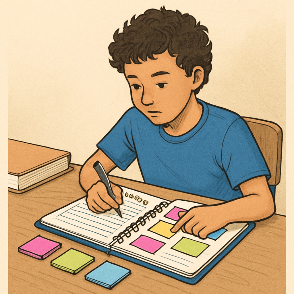 A student using a planner and colorful sticky notes, symbolizing ADHD-friendly planning strategies. Planner and sticky notes used by ADHD students for effective study planning.