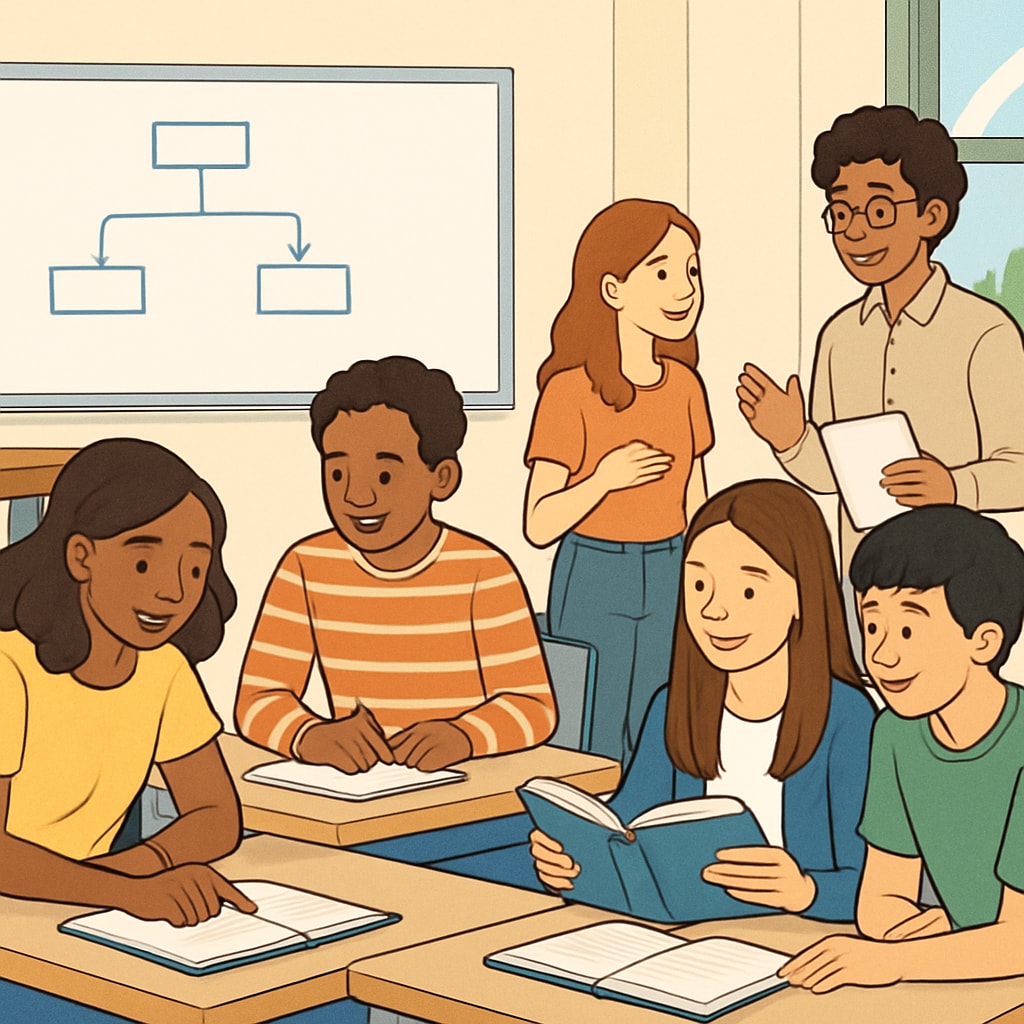A diverse group of students engaging in collaborative learning activities in a classroom setting. Students collaborating in a classroom to discover effective learning strategies.