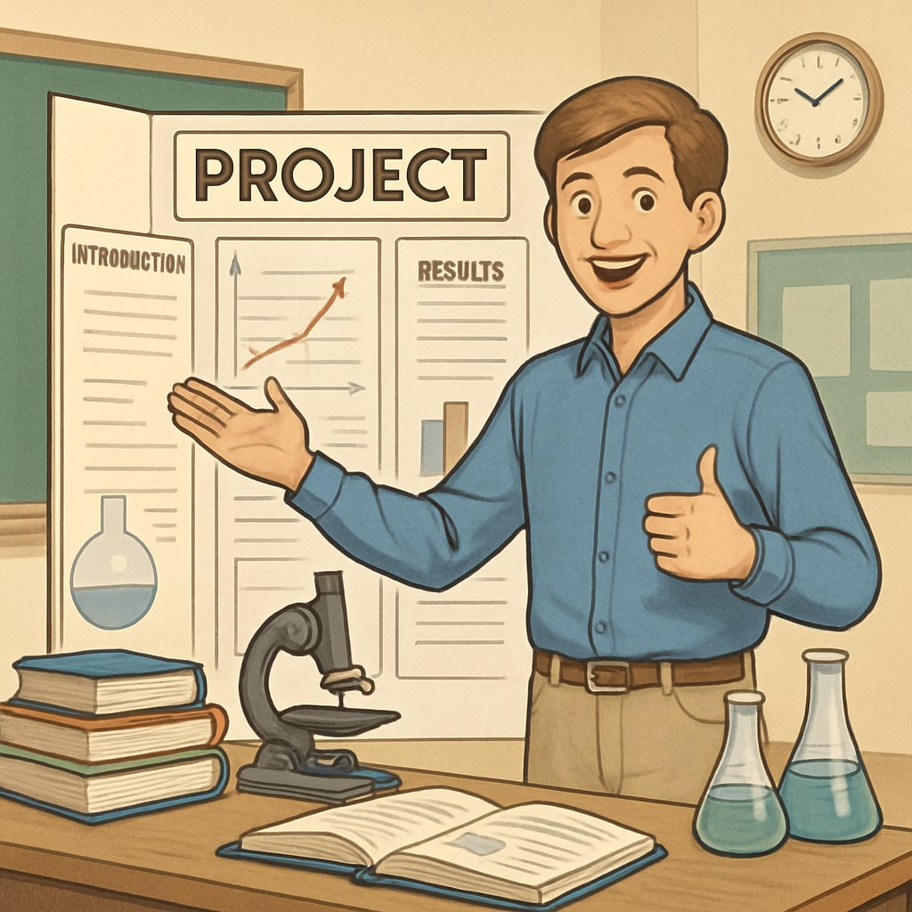 A high school student participating in a science fair or academic competition, showcasing their academic skills and interests. High school student at a science fair, demonstrating academic readiness.