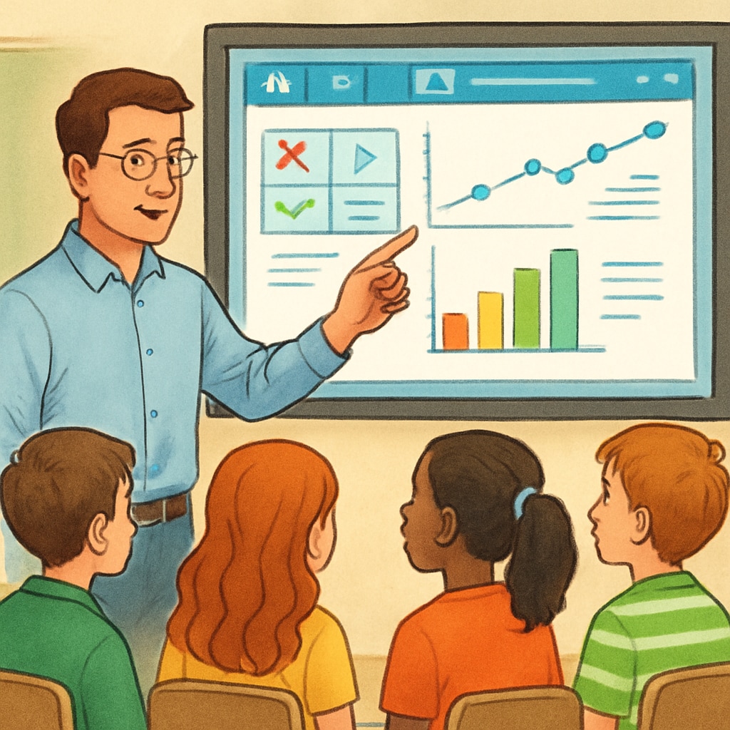An educator guiding students through an interactive digital learning tool. Educator demonstrating digital learning strategies to a group of students.