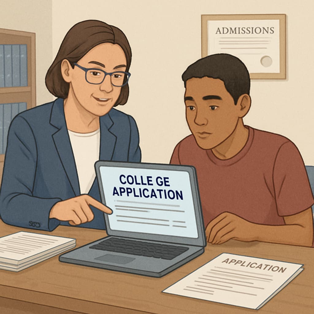 A consulting advisor working with a student on a laptop, reviewing college application materials to prepare for U.S. universities. Consulting advisor guiding a student on U.S. college applications.