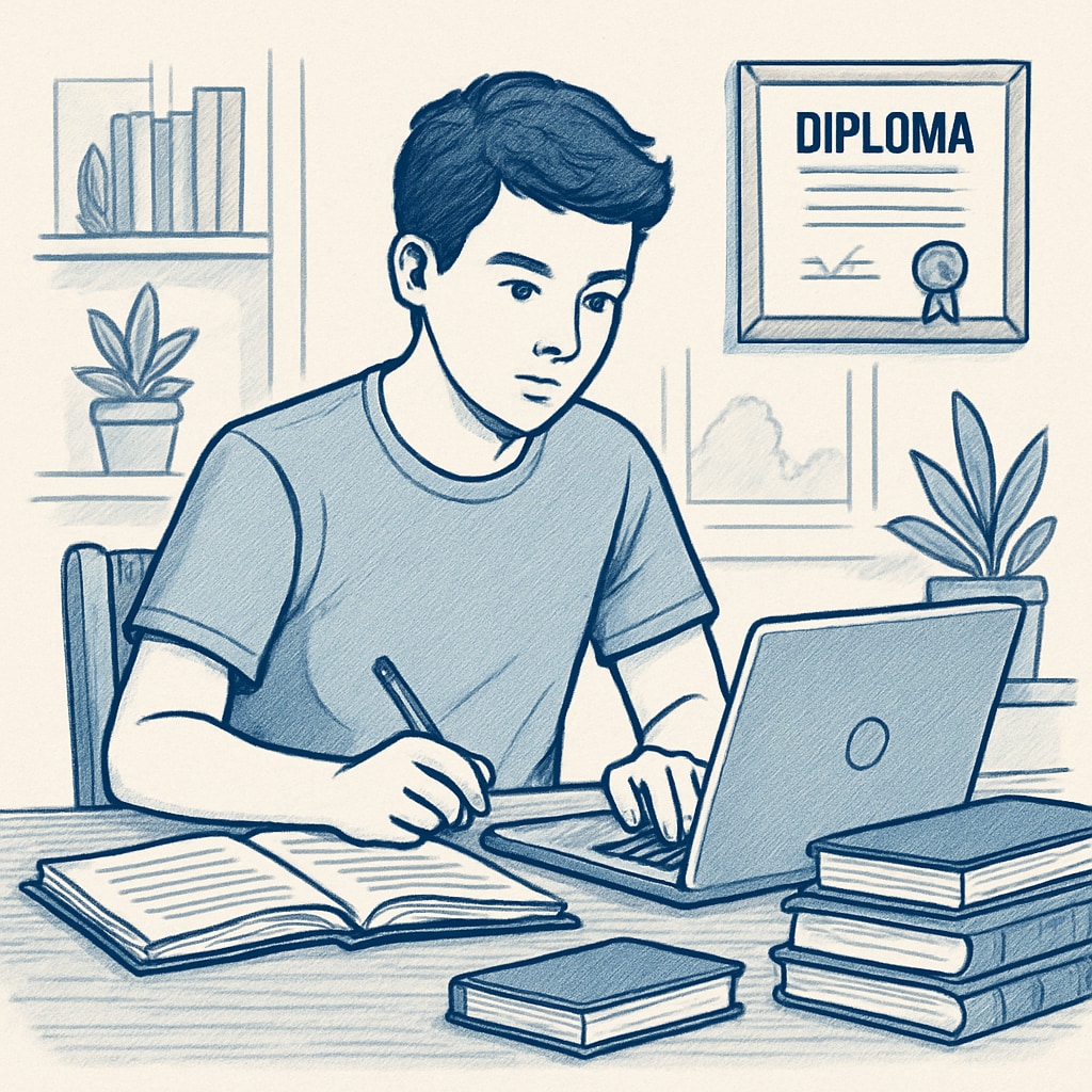A student studying on a laptop at home, symbolizing the flexibility of online high school diploma programs. Online high school diploma flexibility represented by a student studying on a laptop.