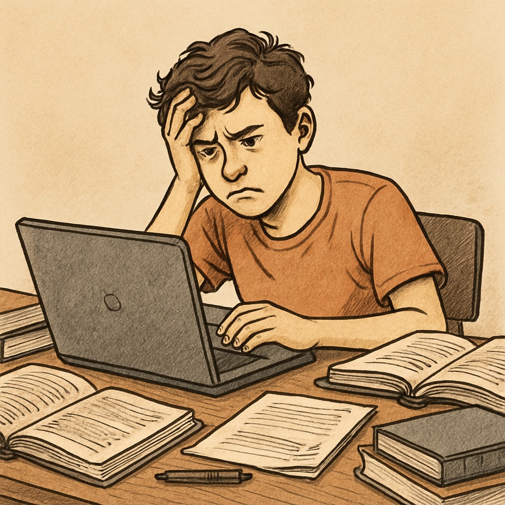 A student visibly frustrated while trying to use a laptop, illustrating challenges in technology access for online learning. Challenges in online education shown through a frustrated student using technology.