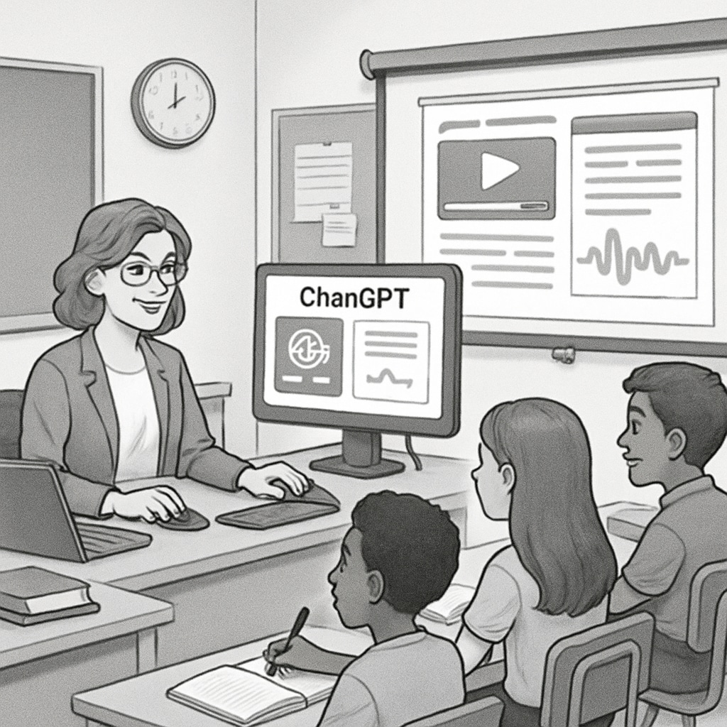 A classroom setting with a teacher using AI tools like ChatGPT to assist students in analyzing digital media content. AI tools like ChatGPT used in classrooms to teach media literacy and critical thinking.