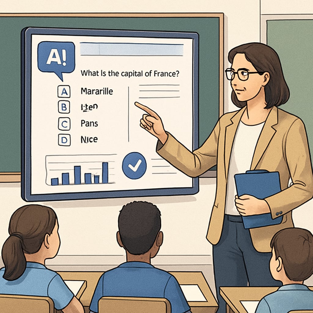 A teacher working alongside an AI-powered educational platform, demonstrating the collaboration between human and machine in the classroom. A teacher using AI tools in the classroom, showing the partnership between technology and educators.