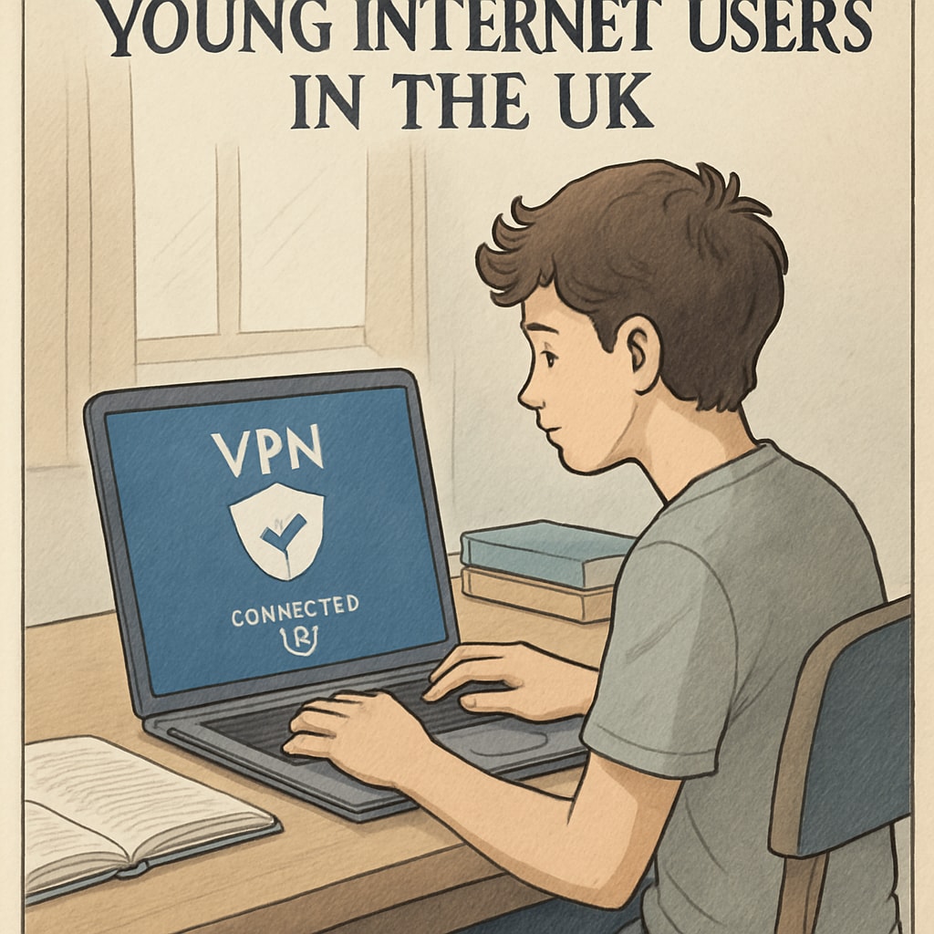 A teenager using a laptop with a VPN interface on the screen, illustrating the rise of VPNs among young internet users in the UK. VPN usage among UK teens in the context of age verification laws.