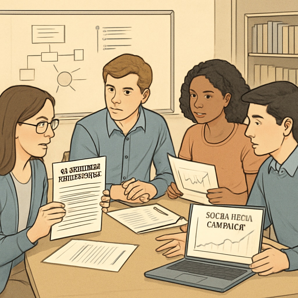 Students collaboratively working on AI-generated writing prompts to evaluate a social media campaign's effectiveness. High school students analyzing media campaigns using AI prompts to develop media literacy skills.