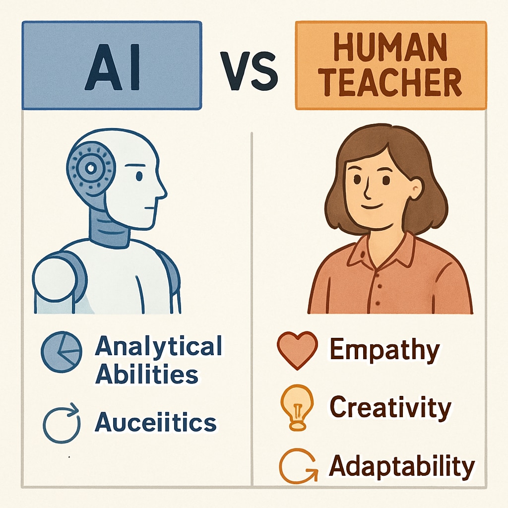 A comparison chart showing the differences between AI capabilities and human teacher skills, such as empathy and creativity. A chart comparing AI's technical abilities with human teachers' emotional intelligence.
