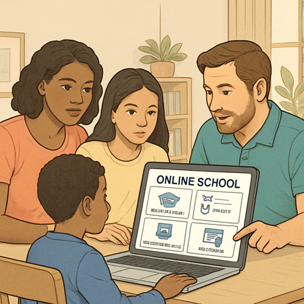 Family discussing public online school options on a computer screen