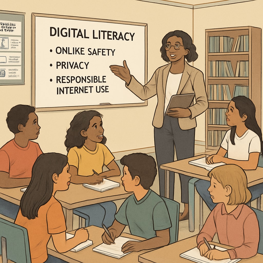 A teacher conducting a workshop on digital literacy, with students engaging in discussions about online safety and ethical internet use. Digital literacy workshop addressing online safety and VPN knowledge.