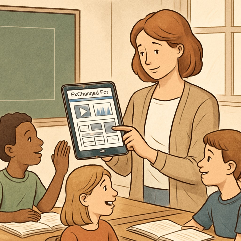 A teacher using EdChanger Pro on a tablet while interacting with students in a classroom. The image emphasizes the integration of technology in education and collaborative learning. Teacher using EdChanger Pro for lesson planning in a classroom setting.
