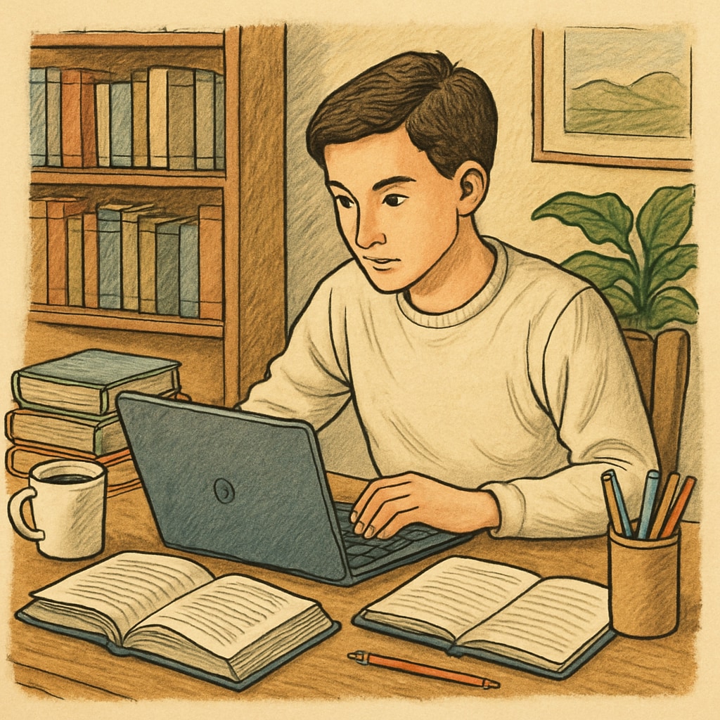 A student studying on a laptop in a cozy home environment, symbolizing online education. Online high school diploma, illustrating flexible and accessible learning.
