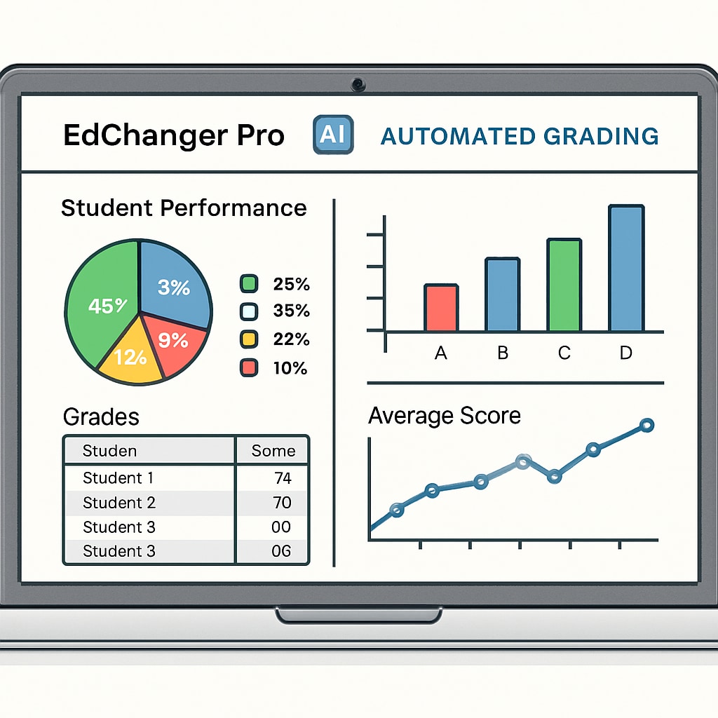 A laptop screen showing EdChanger Pro’s automated grading dashboard with student performance analytics. The image highlights the tool's AI-powered features. Automated grading interface of EdChanger Pro on a laptop screen.