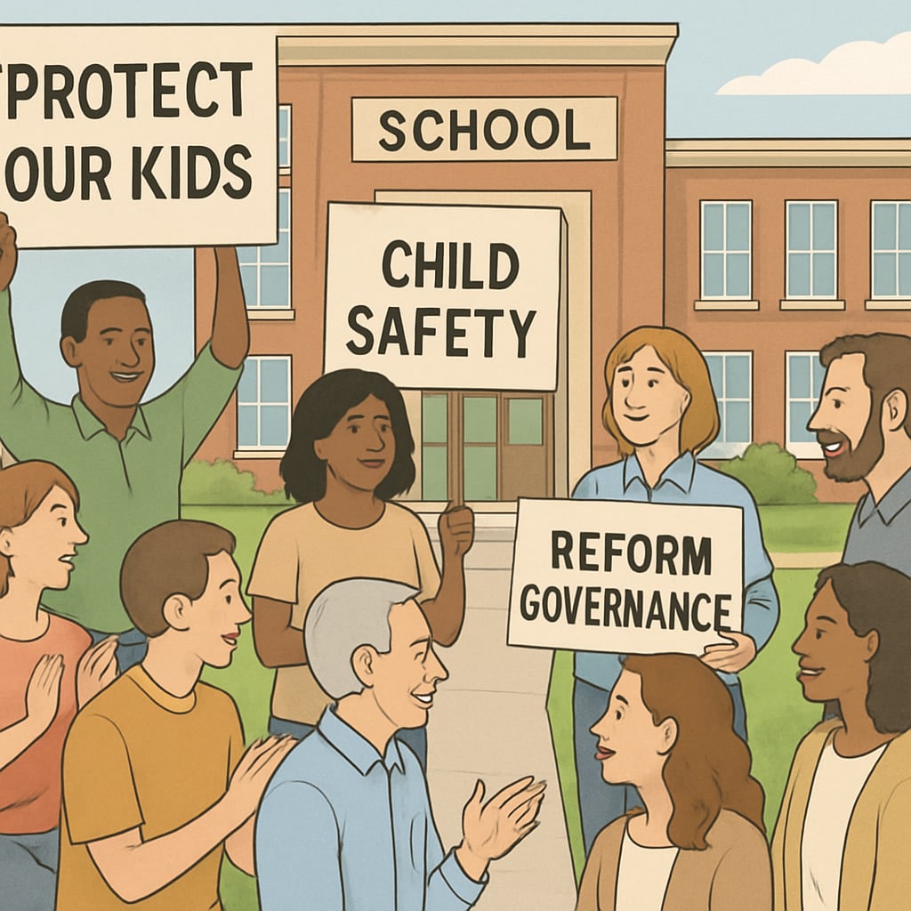 A peaceful community protest in front of a school building, with signs advocating for child safety and governance reforms. Community protests over school board safety and child protection.