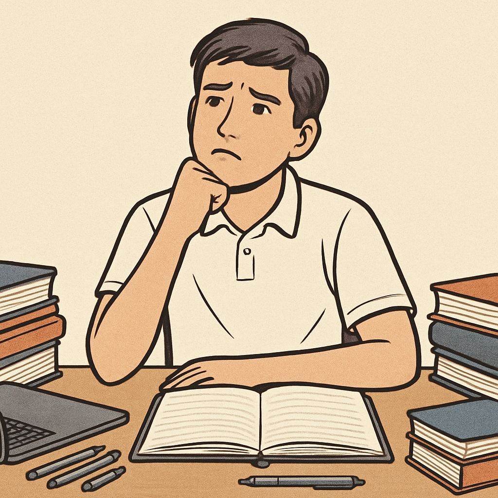 A high school student thinking about major selection, surrounded by books and a laptop.