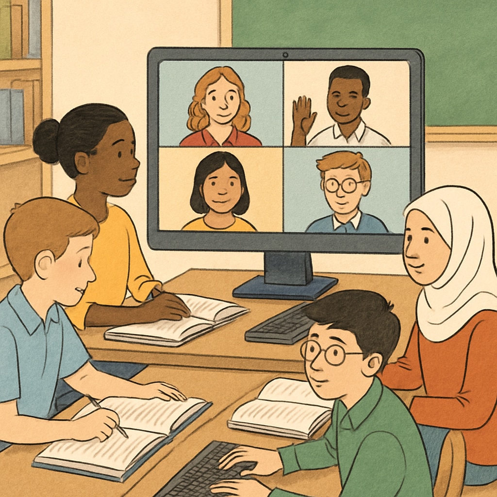 A diverse group of students attending a virtual class on their computers, representing international education. International students engaging in online high school programs.