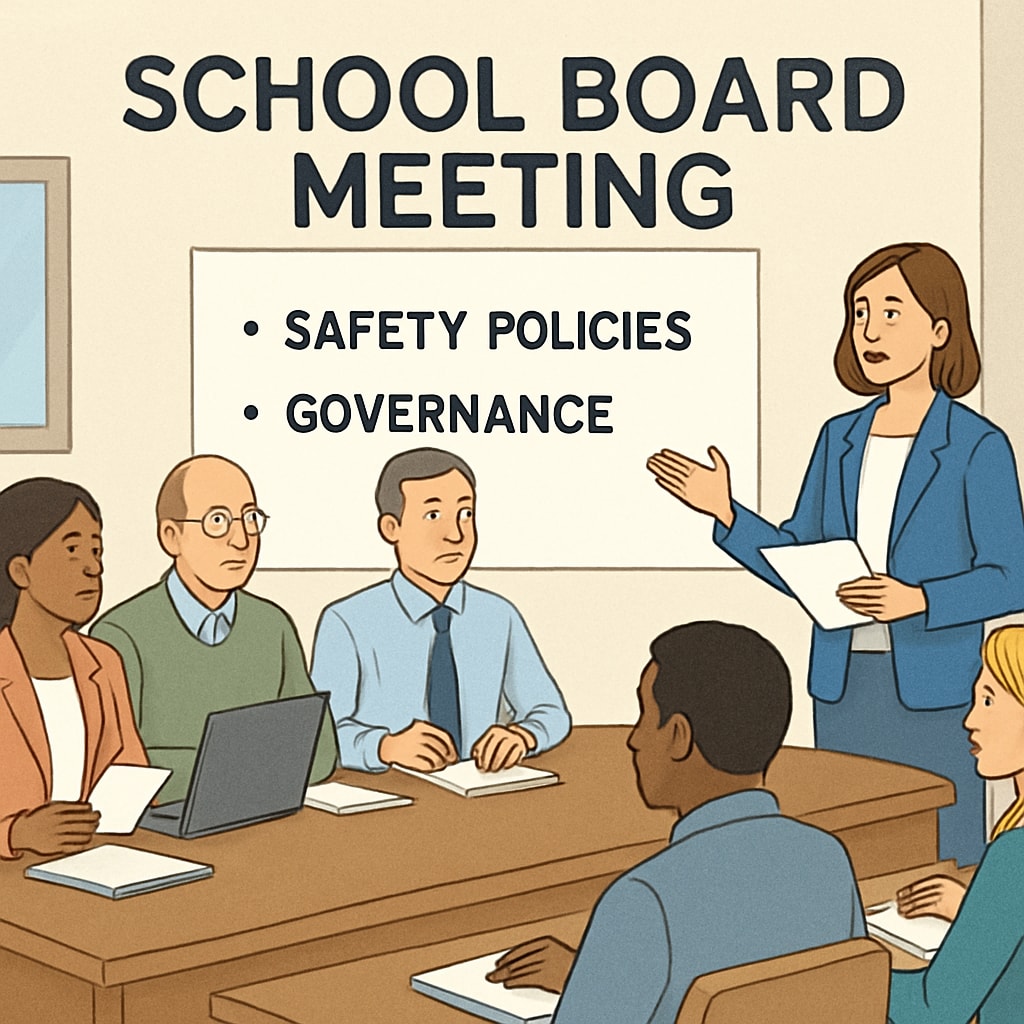 A close-up of a school board meeting in session, with attention focused on safety policies and governance. School board discussing safety and governance reforms.