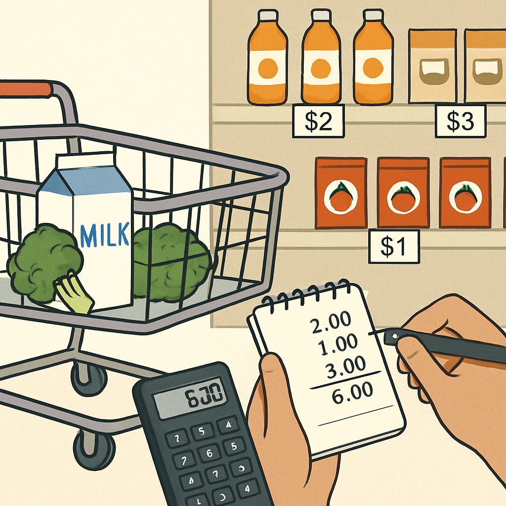A shopping cart with price tags showing math calculations for discounts.