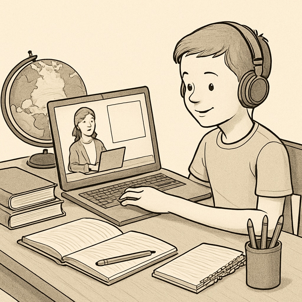 A student attending an online public school lesson with educational resources nearby.