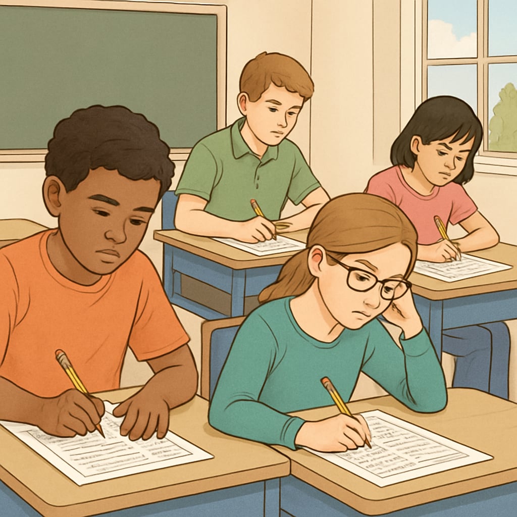 A classroom setting with students taking standardized tests, highlighting diversity in learning styles. Students taking standardized tests, showcasing ADHD and learning diversity in gifted program eligibility.