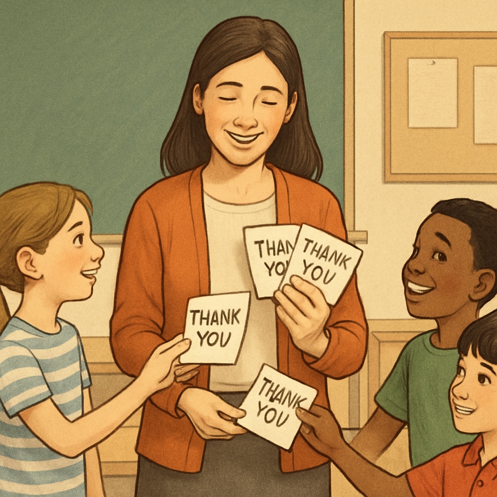 A smiling teacher receiving handwritten thank-you notes from students, emphasizing student gratitude. Teacher receiving thank-you notes from students, showing teacher-student connection.