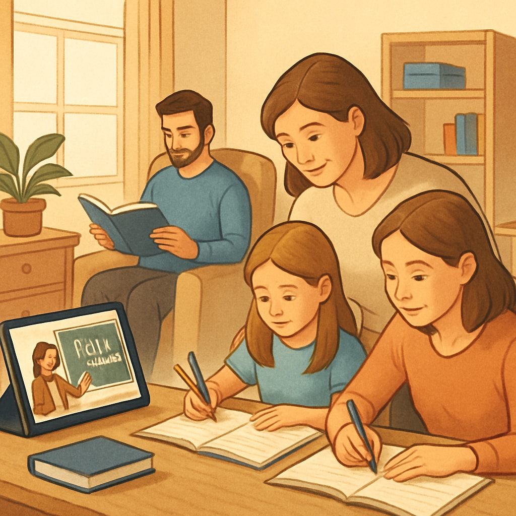 A family supporting a child’s online public school education at home.