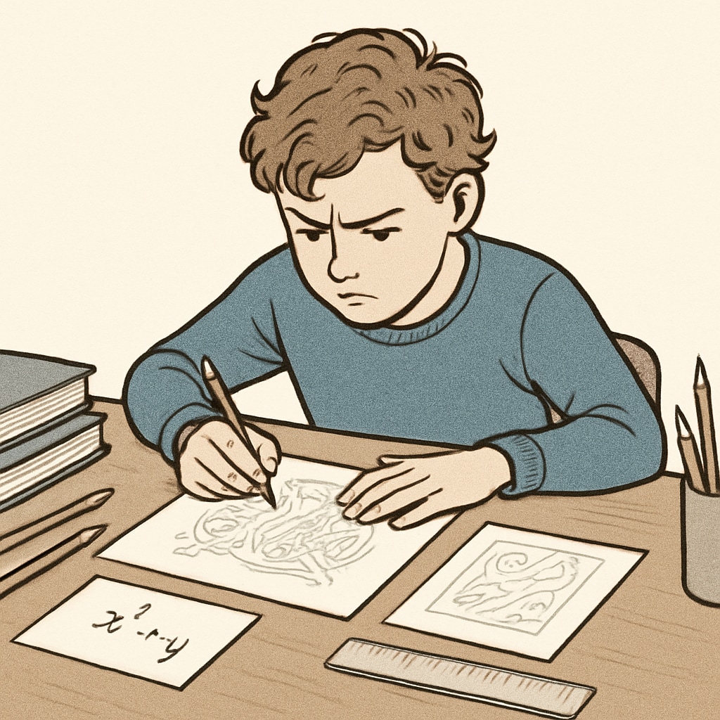 An ADHD student intensely focused on solving a complex math problem or engaging in creative artwork. ADHD student showcasing creativity and focus, addressing gifted program selection gaps.