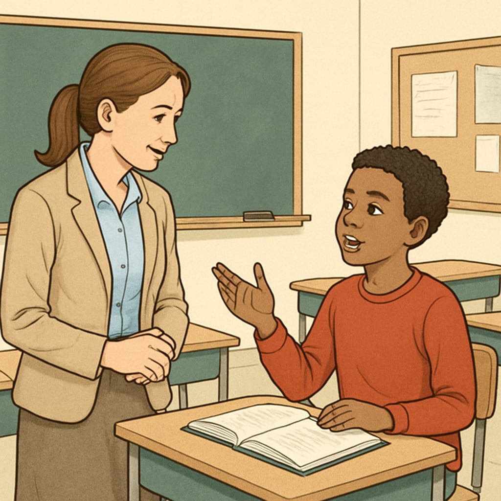 A classroom setting where a teacher is actively listening to a student's thoughts, showcasing mutual respect. Teacher listening to a student in the classroom, illustrating teacher influence.