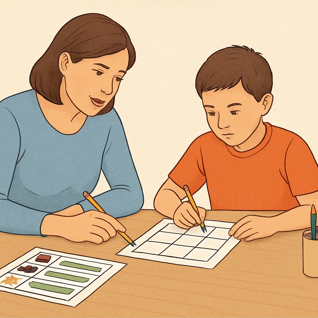 A parent and child working together on a structured task to improve executive function skills. Parent assisting a child with ADHD on a structured activity for executive function development.