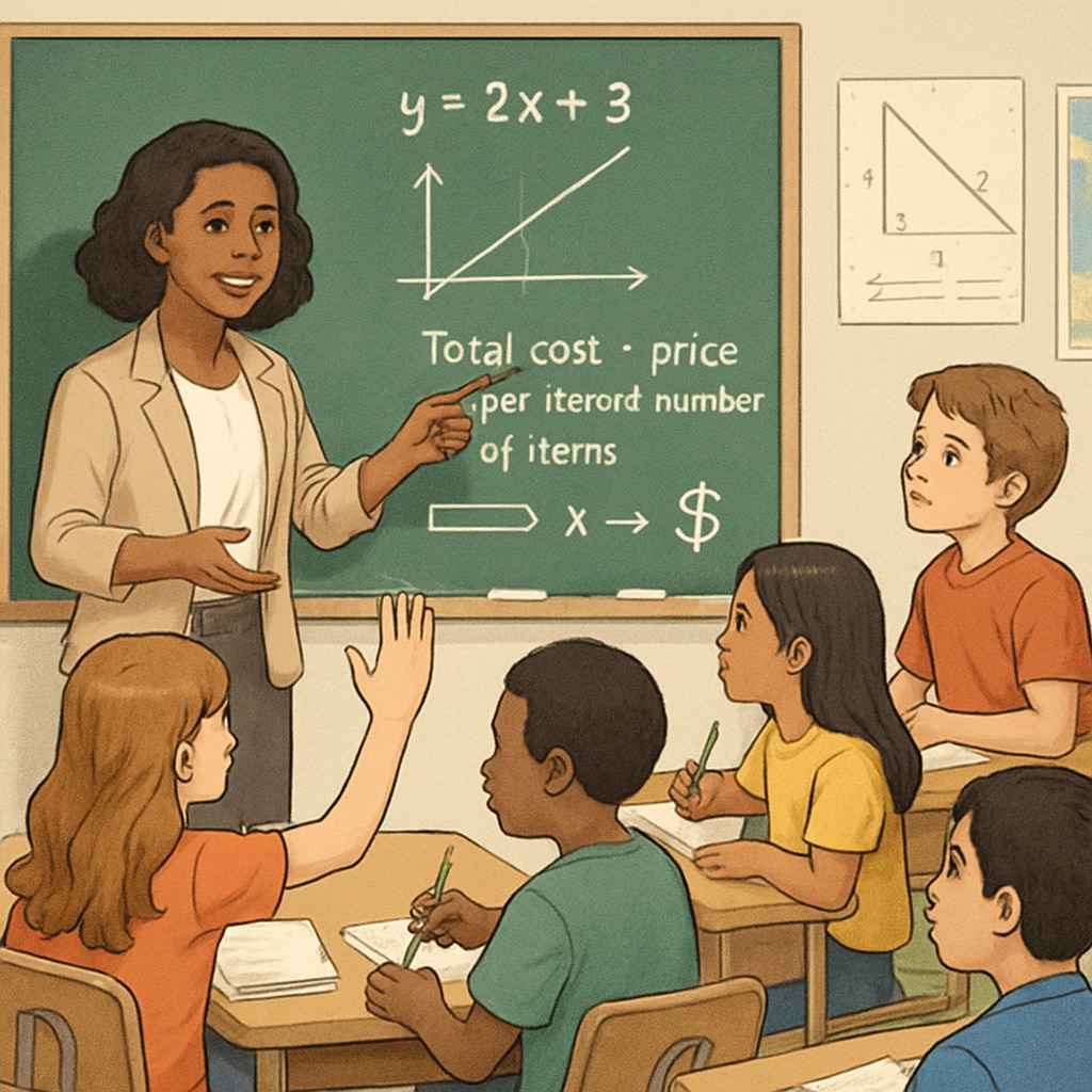 A teacher engaging students in a math discussion, demonstrating real-world applications of mathematical concepts. Teacher demonstrating real-world math applications to students in a classroom.