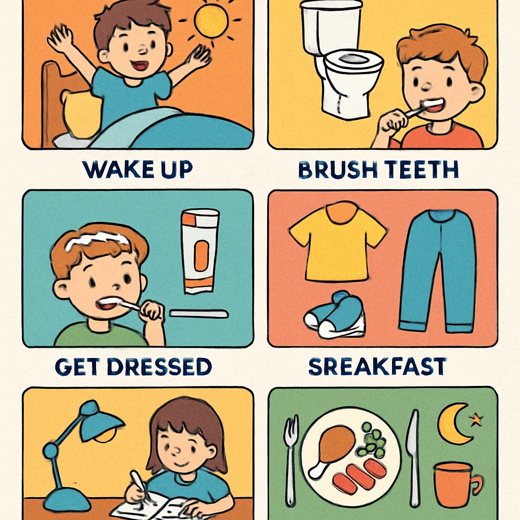 A colorful visual schedule designed to help children with ADHD manage their daily routines. Visual schedule for ADHD children, featuring icons for time and task organization.