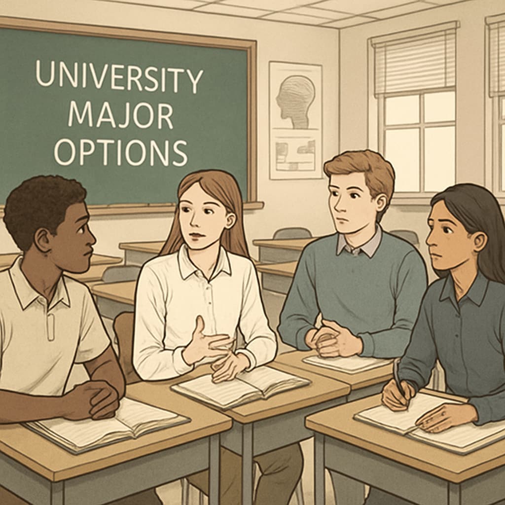 A group of high school students discussing university major options in a classroom setting. Students discussing university major selection in a classroom.