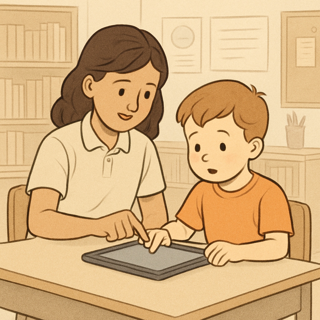 Fourth-grade student guiding a kindergartener in a buddy program computer activity.
