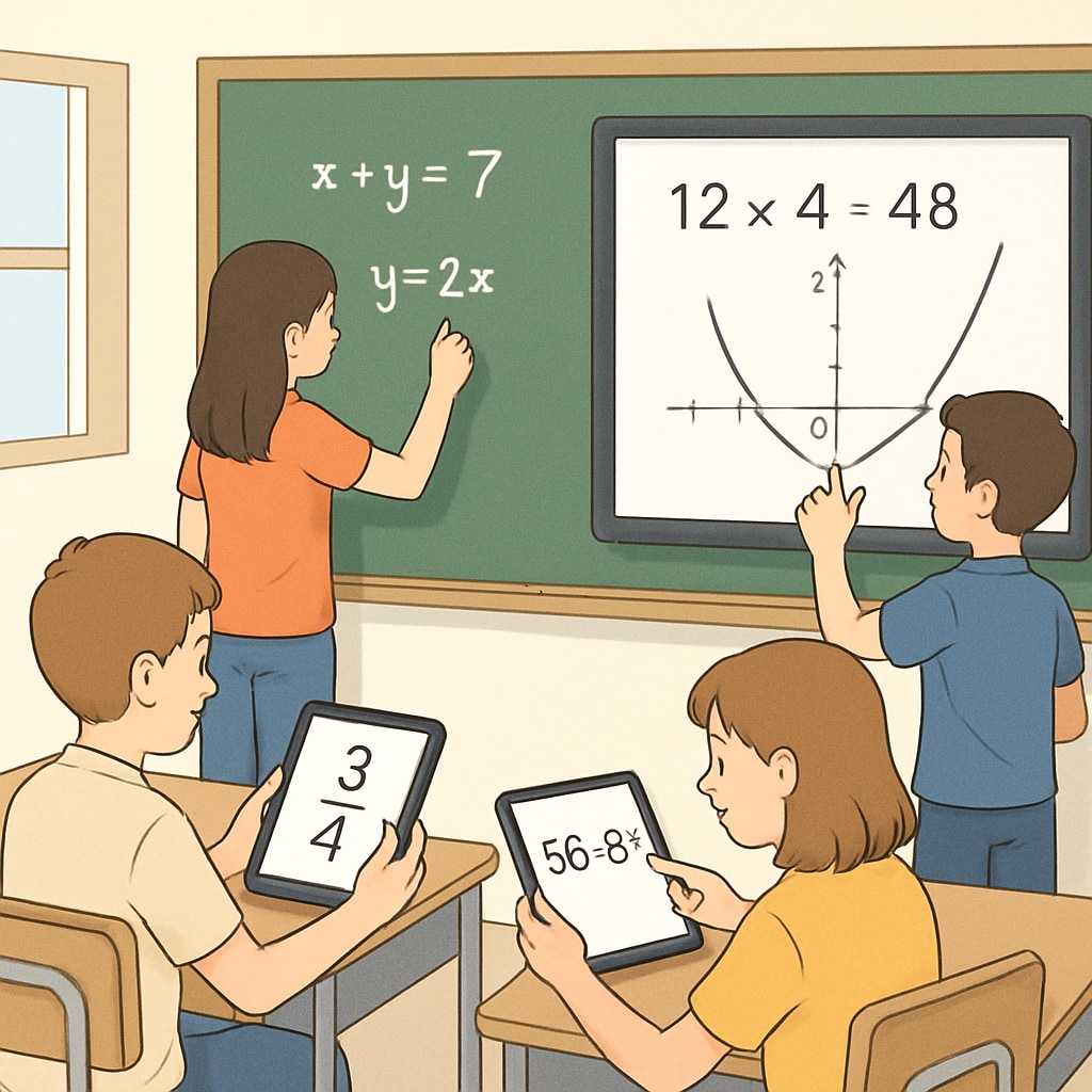 A classroom setting where students are using interactive tools like tablets and visual displays to solve mathematical problems collaboratively. Students using interactive tools to solve math problems collaboratively in a classroom.