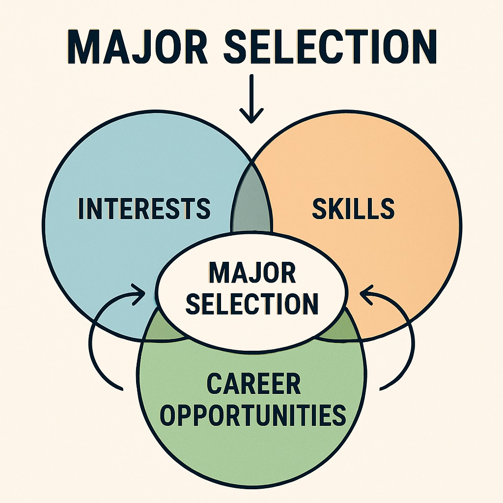 An infographic showing the intersection of interests, skills, and career opportunities in major selection. Infographic on interests, skills, and career opportunities.